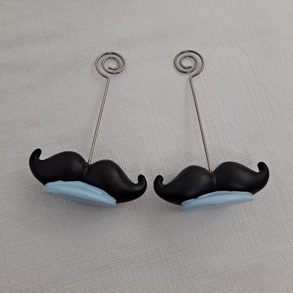 Mustache Photo Holder Mini Table Decor Black Blue Silver set of 2 - Picture 1 of 9